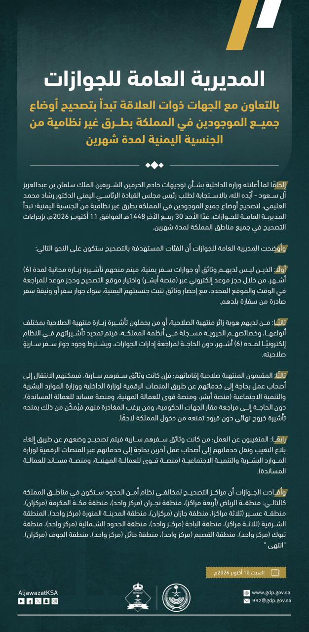 الجوازات السعودية تبدأ تصحيح أوضاع اليمنيين غير النظاميين لمدة شهرين